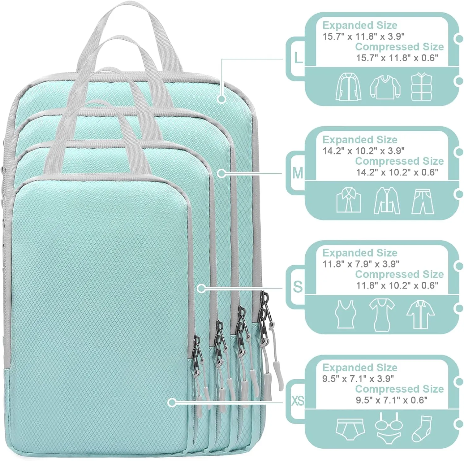WOOMADA Compression Packing Cubes for Suitcases Travel Essentials 8 Set Expandable Travel Bags Organizer for Luggage(turquoise)