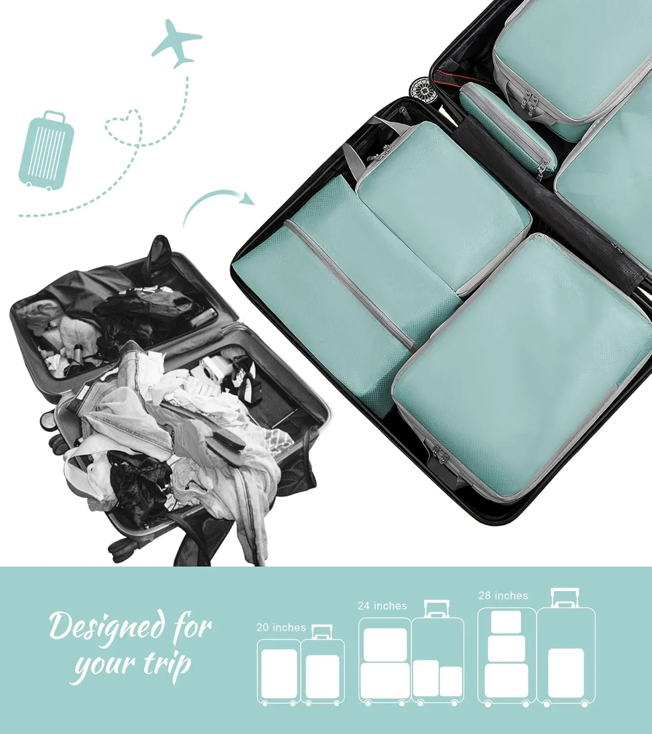 WOOMADA Compression Packing Cubes for Suitcases Travel Essentials 8 Set Expandable Travel Bags Organizer for Luggage(turquoise)