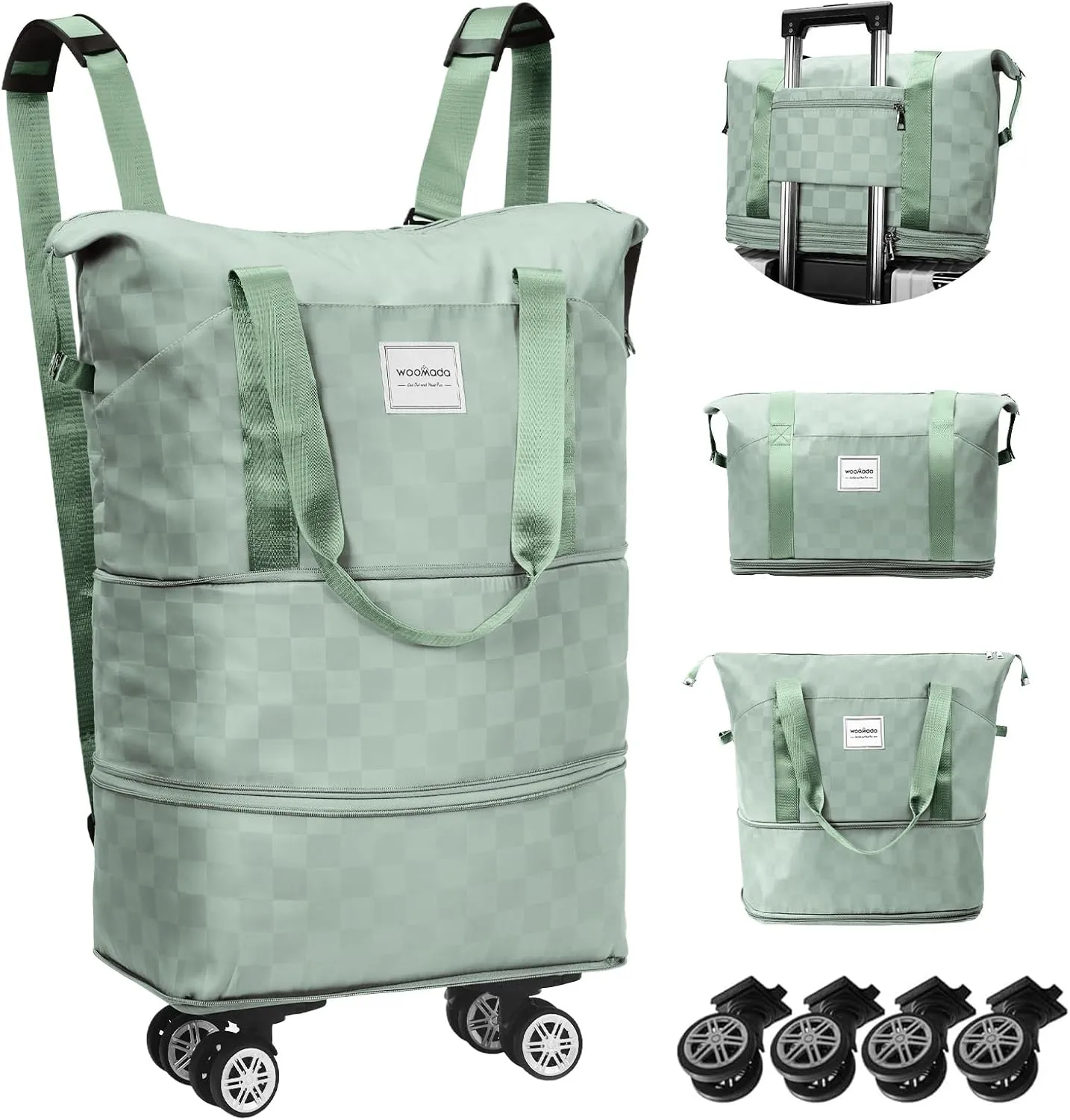 WOOMADA Expandable Foldable Rolling Duffel Bag with Wheels, Detachable Rolling Backpack Weekend Bag for Travel, Business, Camping, Gift for Parents, Spouse(green checkerboard)