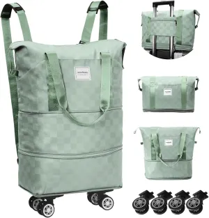 WOOMADA Expandable Foldable Rolling Duffel Bag with Wheels, Detachable Rolling Backpack Weekend Bag for Travel, Business, Camping, Gift for Parents, Spouse(green checkerboard)