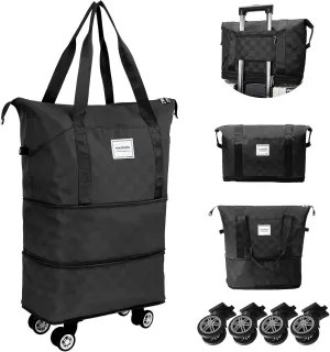 WOOMADA Rolling Duffel Bag With Wheels, Detachable Rolling Carry-On Luggage, Expandable Foldable Large Suitcase for Travel, Business, Camping, Gift for Parents, Spouse(black checkerboard)