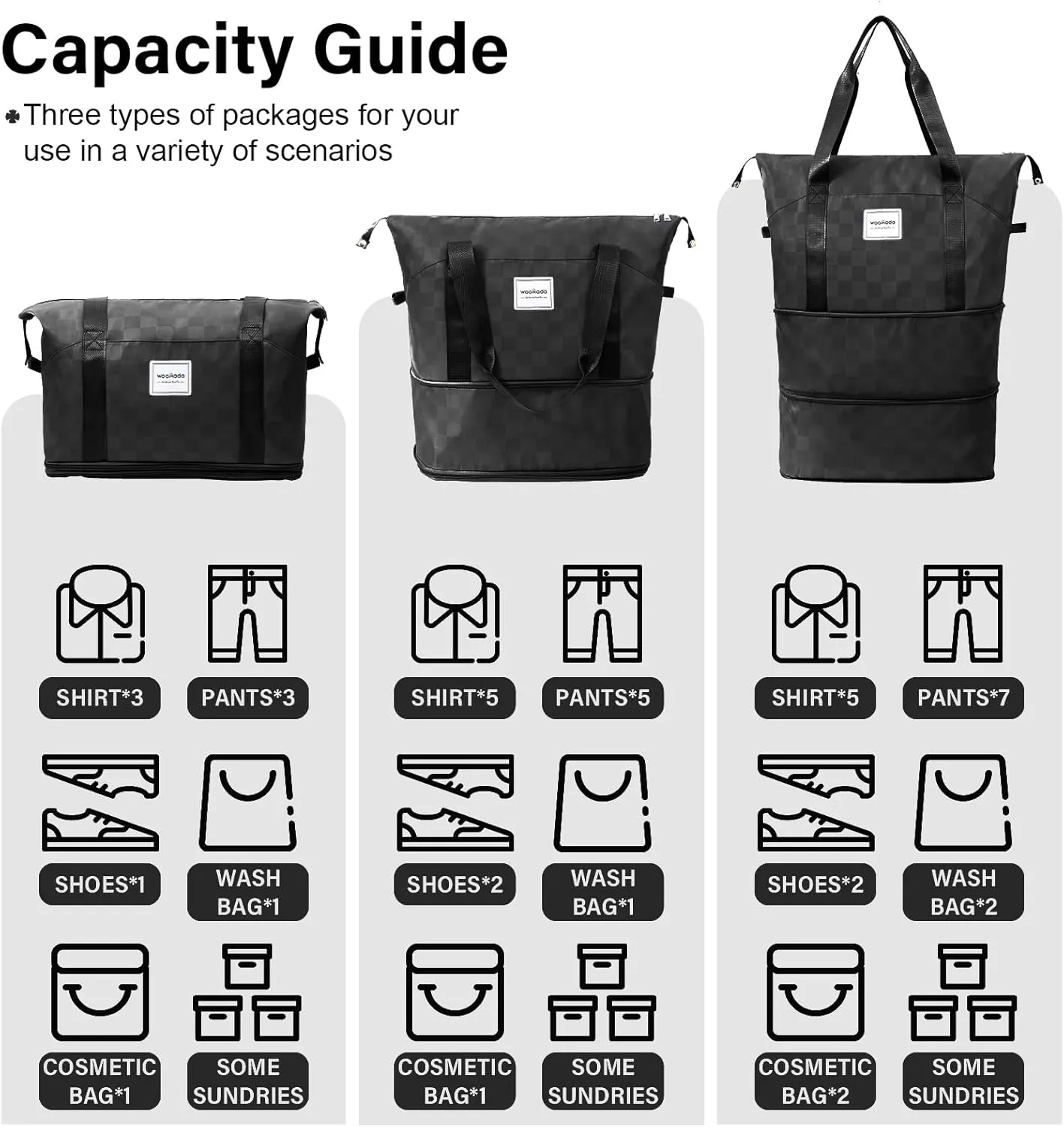 WOOMADA Rolling Duffel Bag With Wheels, Detachable Rolling Carry-On Luggage, Expandable Foldable Large Suitcase for Travel, Business, Camping, Gift for Parents, Spouse(black checkerboard)