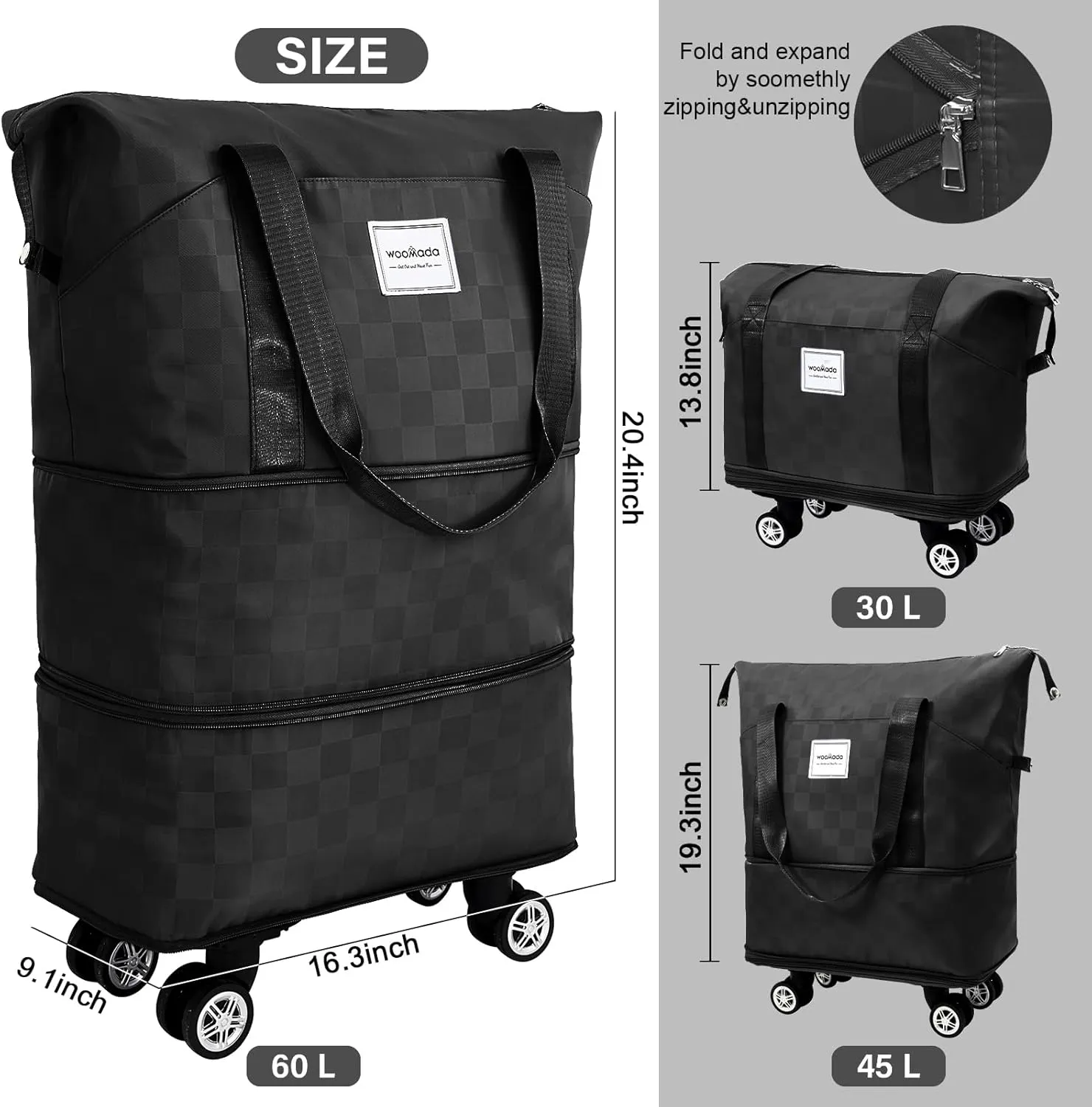 WOOMADA Rolling Duffel Bag With Wheels, Detachable Rolling Carry-On Luggage, Expandable Foldable Large Suitcase for Travel, Business, Camping, Gift for Parents, Spouse(black checkerboard)