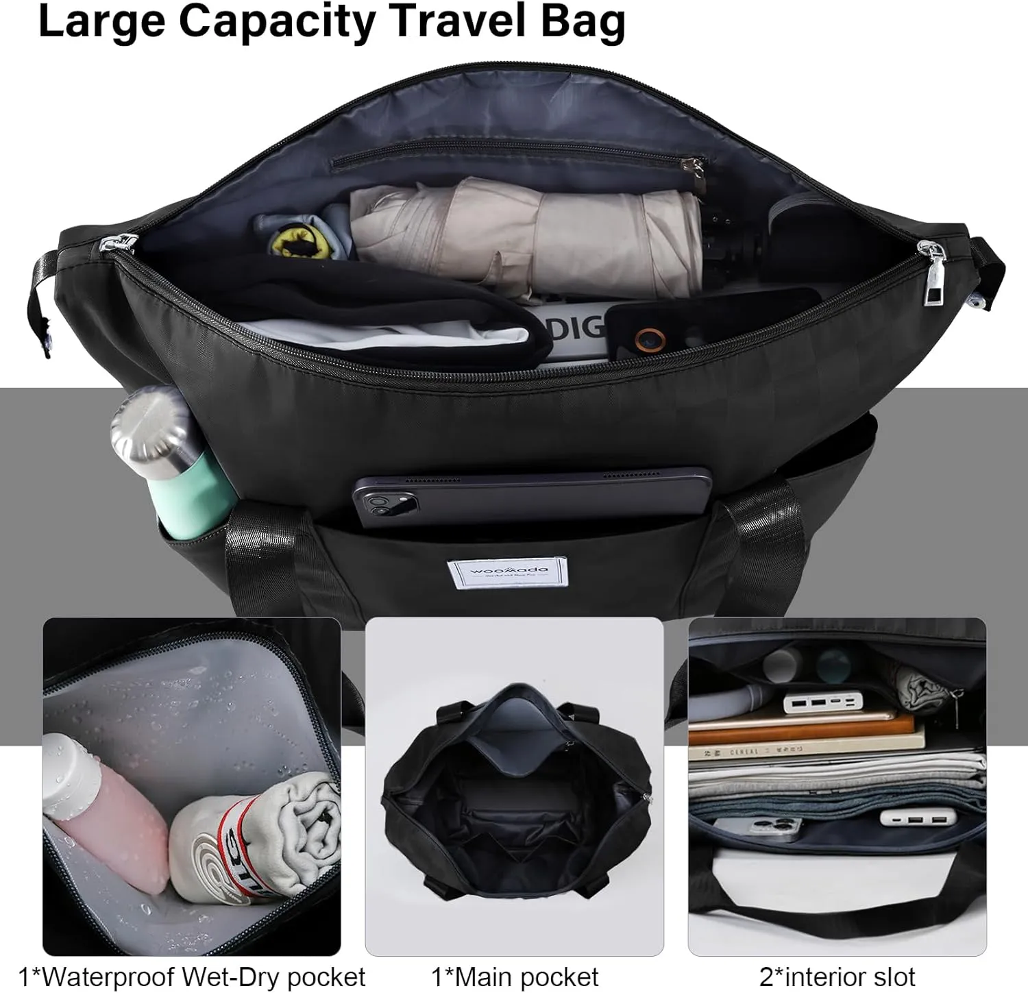 WOOMADA Rolling Duffel Bag With Wheels, Detachable Rolling Carry-On Luggage, Expandable Foldable Large Suitcase for Travel, Business, Camping, Gift for Parents, Spouse(black checkerboard)