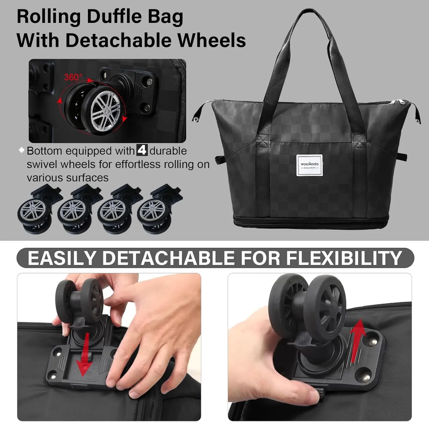 WOOMADA Rolling Duffel Bag With Wheels, Detachable Rolling Carry-On Luggage, Expandable Foldable Large Suitcase for Travel, Business, Camping, Gift for Parents, Spouse(black checkerboard)