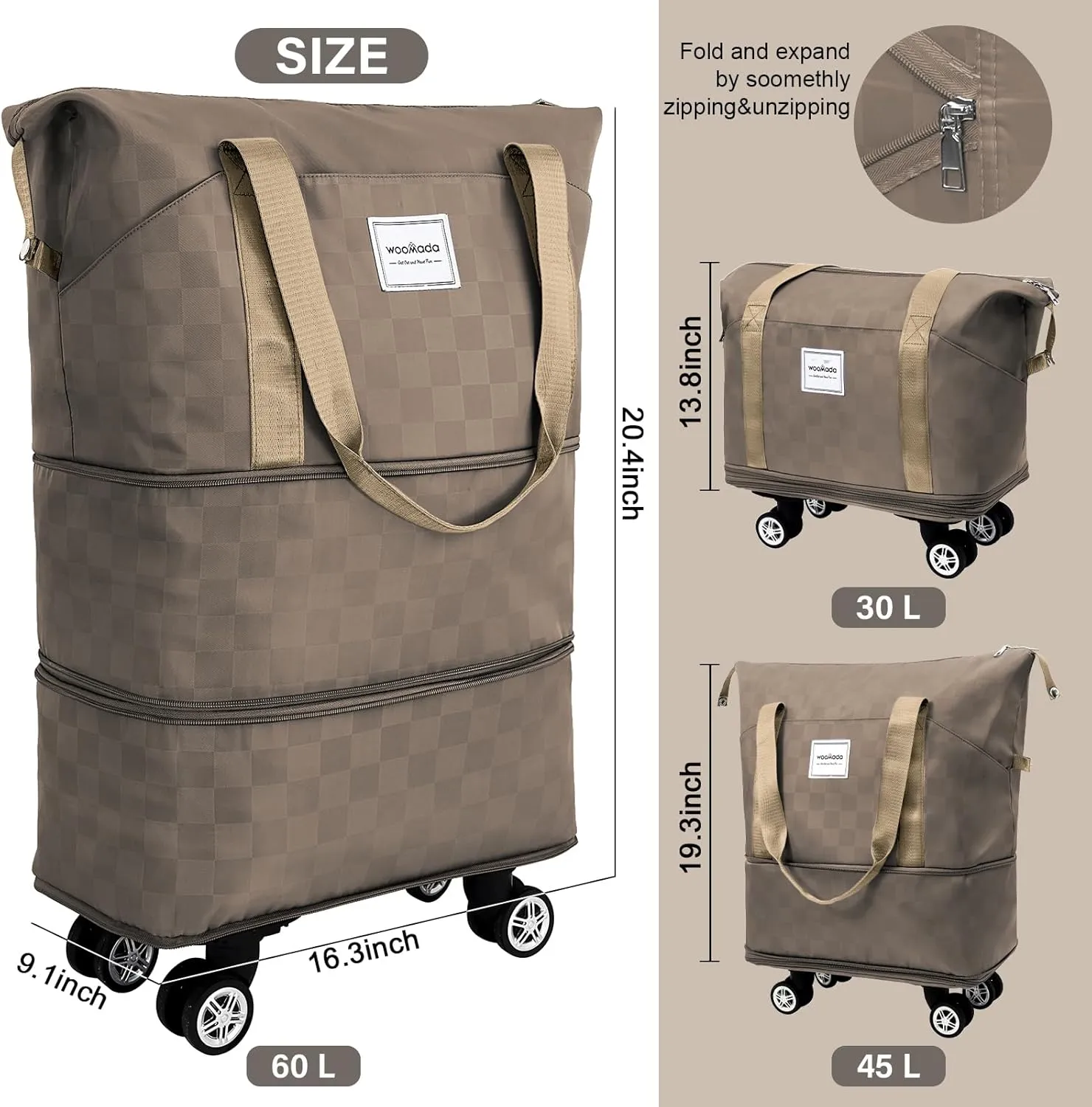 WOOMADA Rolling Duffel Bag With Wheels, Detachable Rolling Carry-On Luggage, Expandable Foldable Large Suitcase for Travel, Business, Camping, Gift for Parents, Spouse(khaki checkerboard)