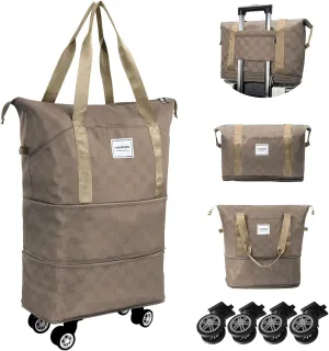 WOOMADA Rolling Duffel Bag With Wheels, Detachable Rolling Carry-On Luggage, Expandable Foldable Large Suitcase for Travel, Business, Camping, Gift for Parents, Spouse(khaki checkerboard)