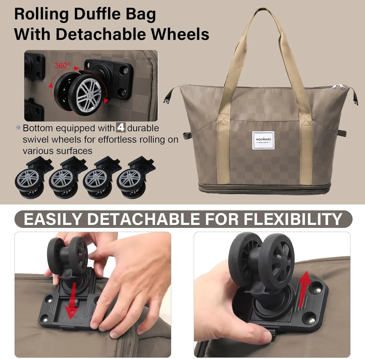 WOOMADA Rolling Duffel Bag With Wheels, Detachable Rolling Carry-On Luggage, Expandable Foldable Large Suitcase for Travel, Business, Camping, Gift for Parents, Spouse(khaki checkerboard)