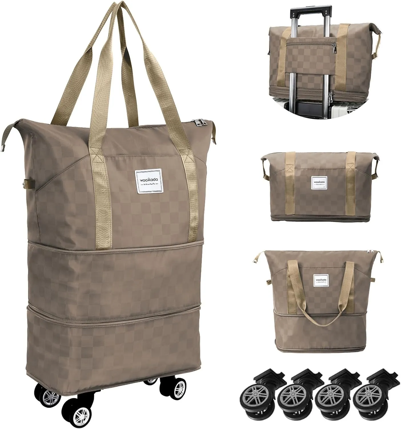 WOOMADA Rolling Duffel Bag With Wheels, Detachable Rolling Carry-On Luggage, Expandable Foldable Large Suitcase for Travel, Business, Camping, Gift for Parents, Spouse(khaki checkerboard)