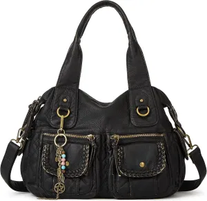 Worldlyda Women Canvas Hobo Purse Multi Pocket Tote Shopper Shoulder Bag Casual Top Handle handbag with Embroidery Ethnic
