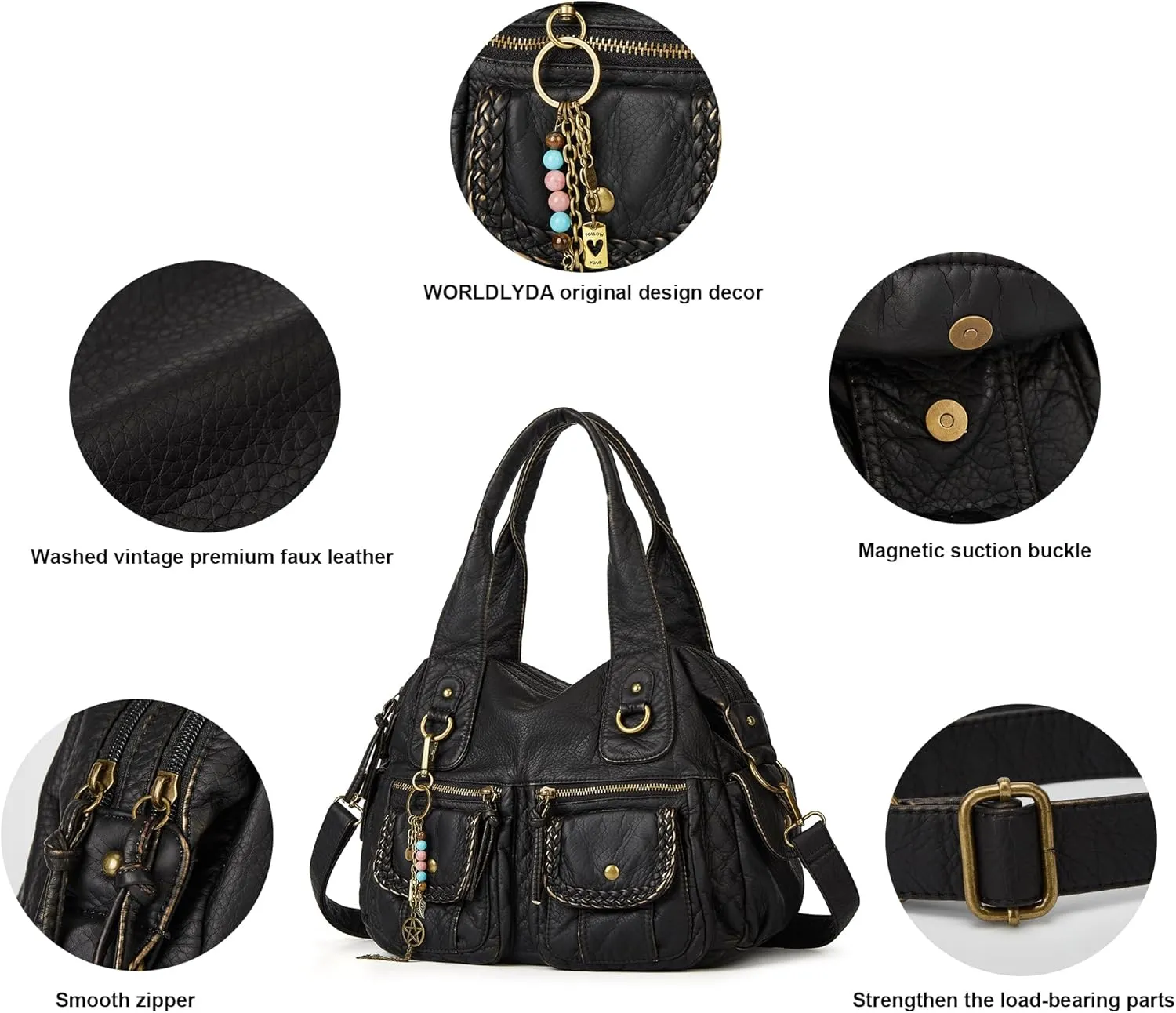 Worldlyda Women Canvas Hobo Purse Multi Pocket Tote Shopper Shoulder Bag Casual Top Handle handbag with Embroidery Ethnic