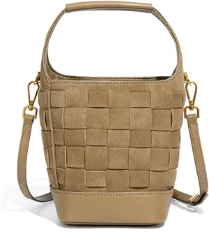 Woven Crossbody Bucket Bag for Women – Versatile Suede Shoulder Top-Handle Handbag with Detachable Pocket