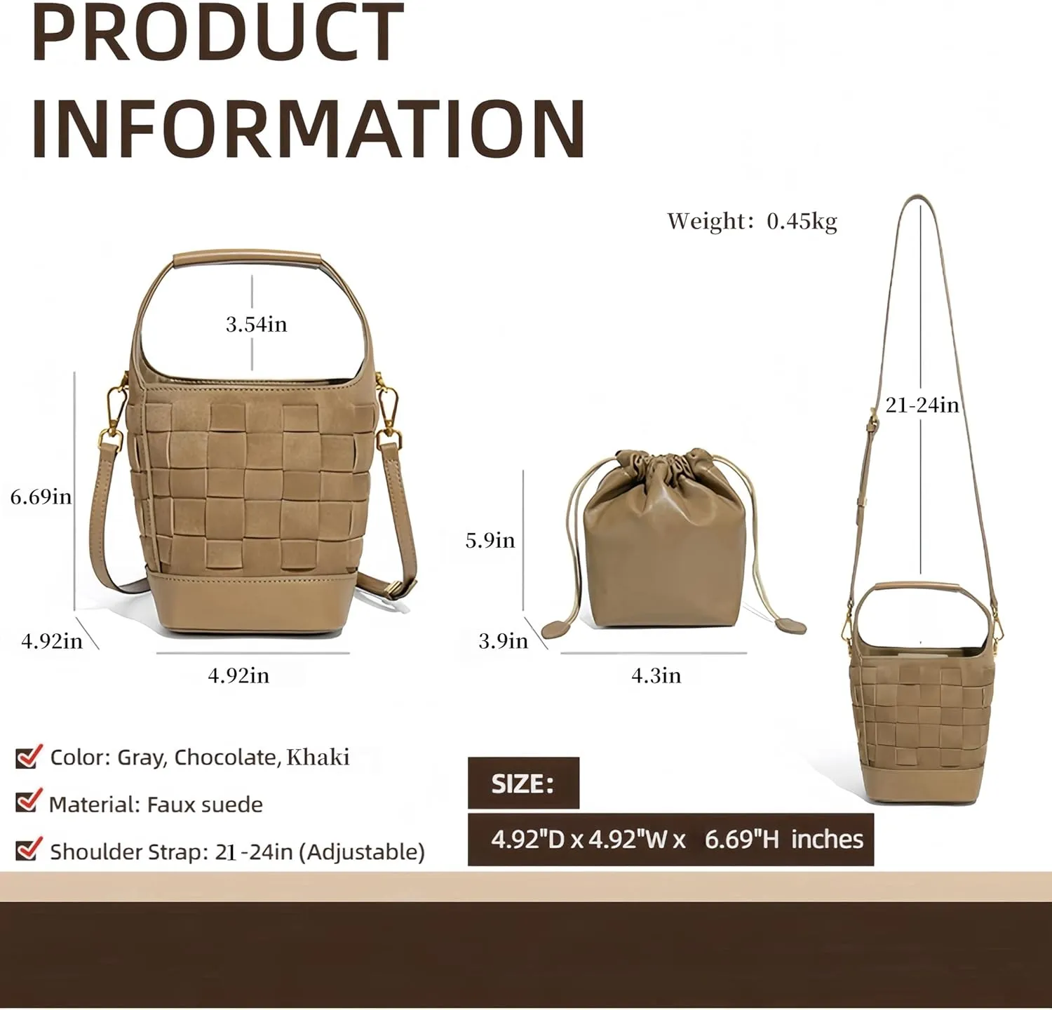 Woven Crossbody Bucket Bag for Women – Versatile Suede Shoulder Top-Handle Handbag with Detachable Pocket