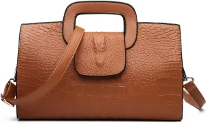 XXGJOALD-Women Satchel Handbag Crocodile Pattern Shoulder Bag Embossed Fuax Leather Purse Long Tote Top-Handle Bag Gold