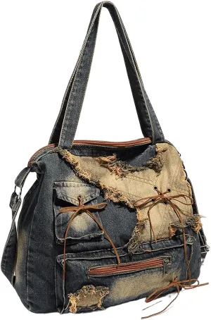 Y2K large capacity tote bag, spicy girl bag, retro shoulder bag, washed denim bag, casual women's bag