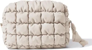 Yarnic Quilted Makeup Bag Cosmetic Bag, Travel Toiletry Bag for Women, Cute Makeup Bag Organizer Puffer Makeup Pouch (M, Beige)