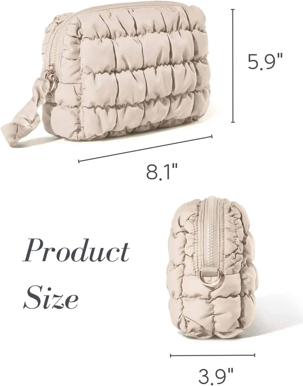 Yarnic Quilted Makeup Bag Cosmetic Bag, Travel Toiletry Bag for Women, Cute Makeup Bag Organizer Puffer Makeup Pouch (M, Beige)