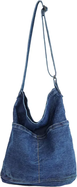 YunZh Denim Shoulder Bag for Women, Casual Style Lightweight Classic Retro Travel Shopper Hobo Bag