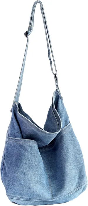YunZh Denim Shoulder Bag for Women, Casual Style Lightweight Classic Retro Travel Shopper Hobo Bag
