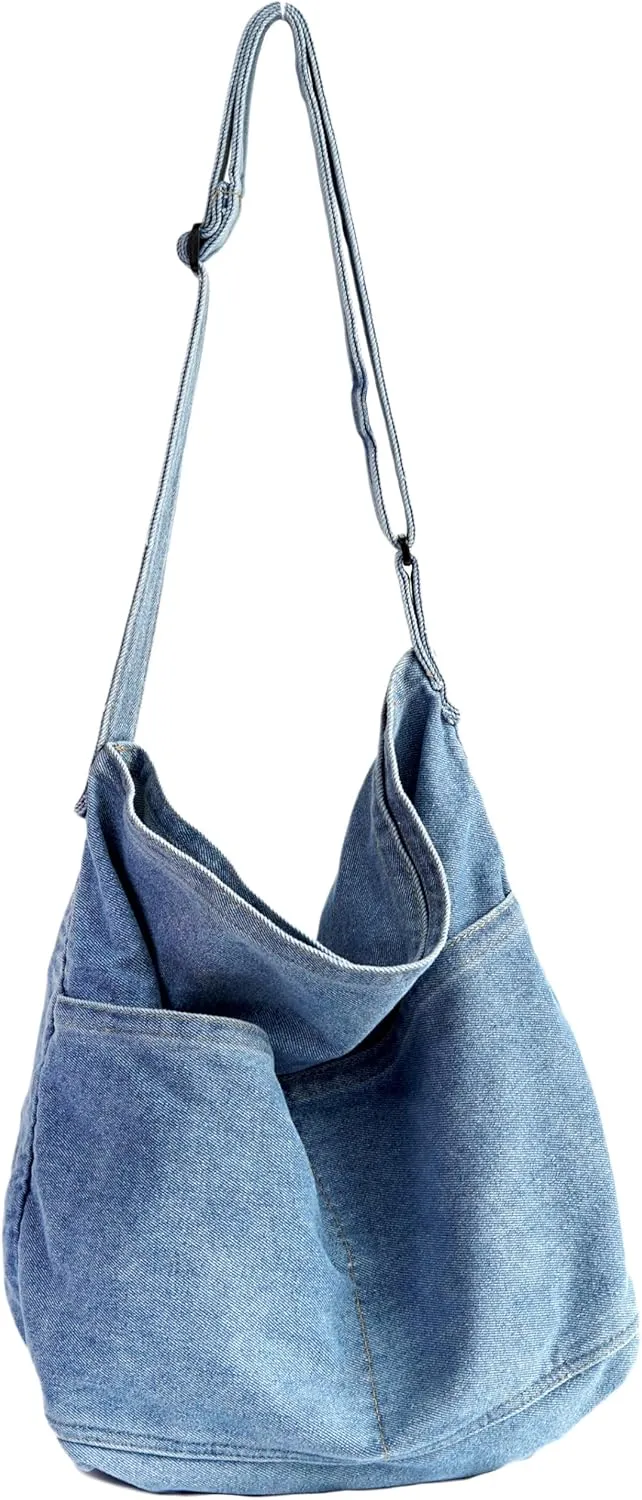 YunZh Denim Shoulder Bag for Women, Casual Style Lightweight Classic Retro Travel Shopper Hobo Bag