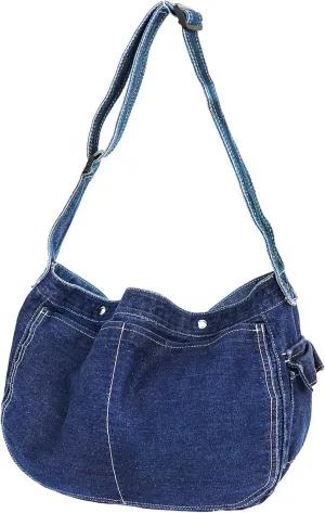 YunZh Denim Shoulder Bag for Women, Casual Style Lightweight Classic Retro Travel Shopper Hobo Bag