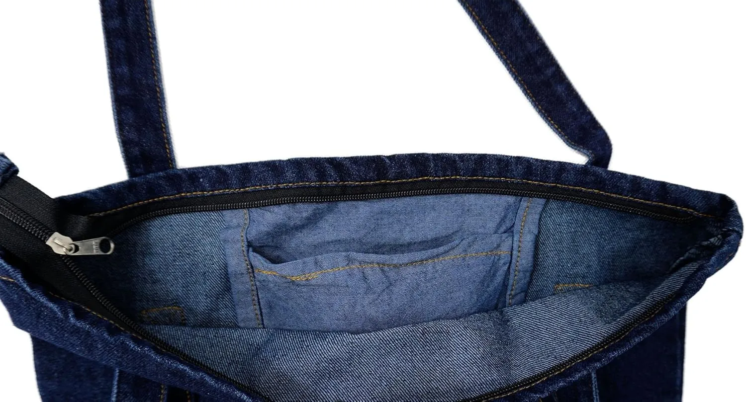YunZh Denim Tote Bag Casual Style Lightweight Classic Retro Travel Shopper Shoulder Handbag