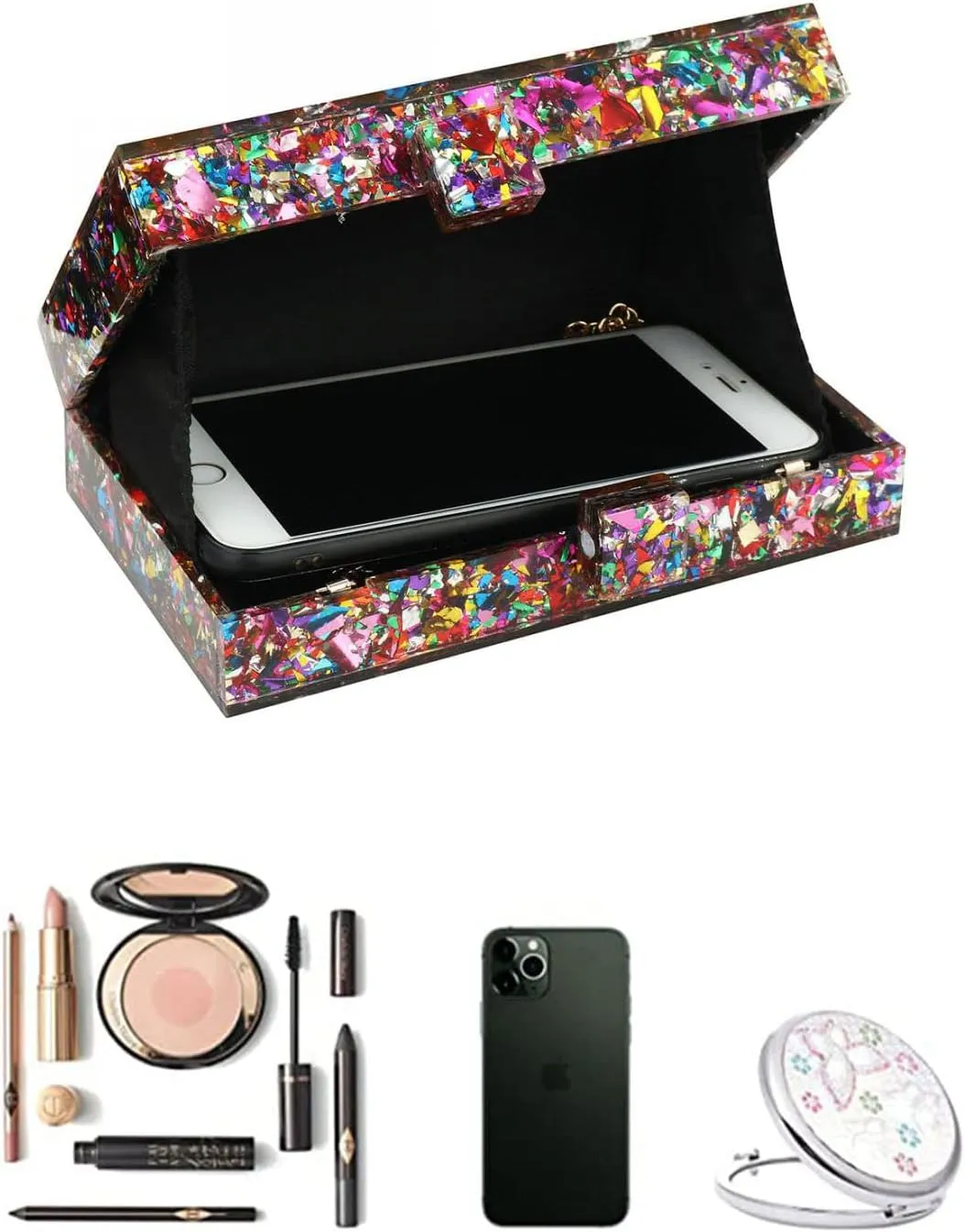YYW Women Sequin Acrylic Clutch Box Crossbody Bag Handbag Bridal Party Cocktail Evening Clutch Purse