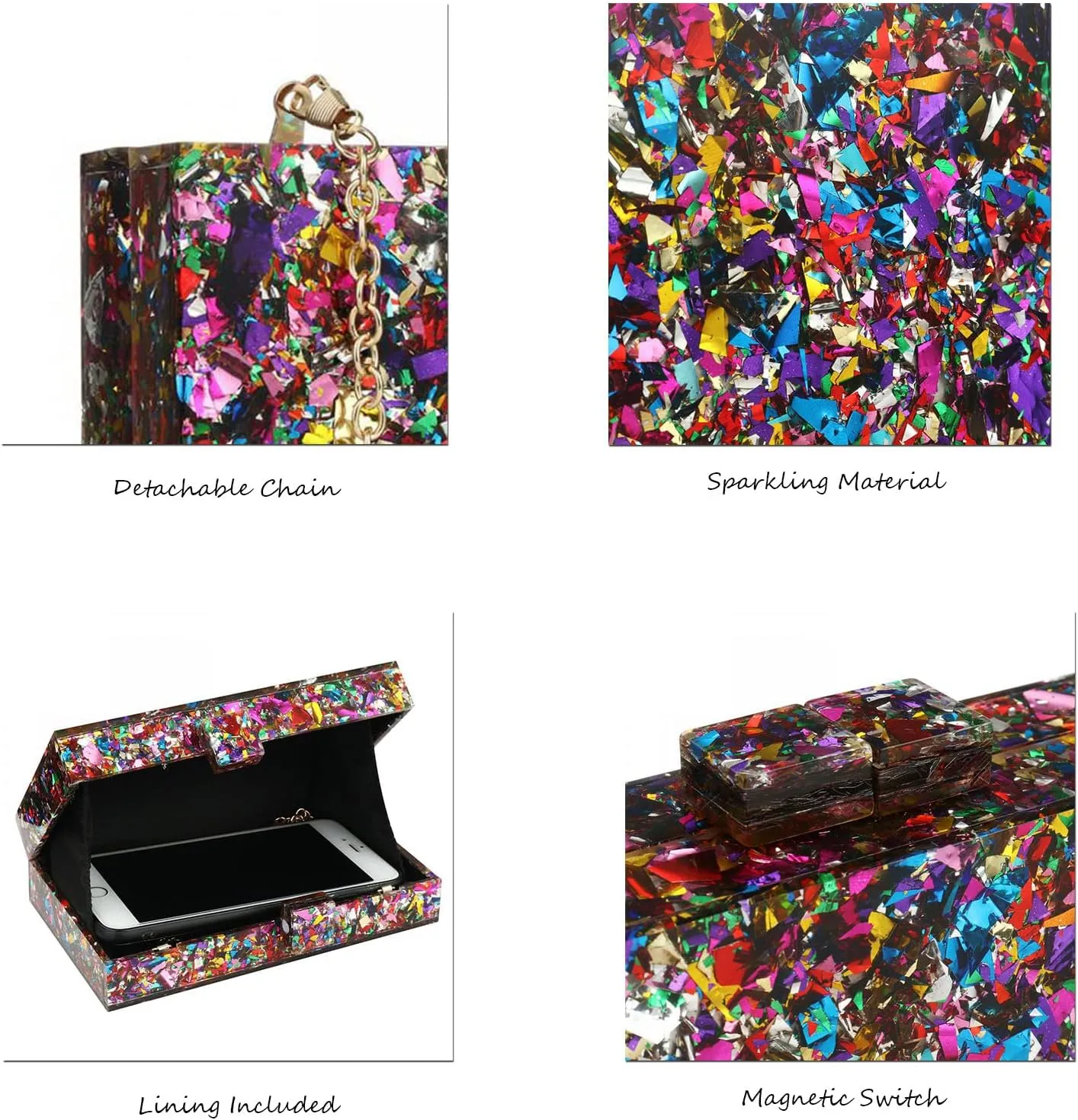 YYW Women Sequin Acrylic Clutch Box Crossbody Bag Handbag Bridal Party Cocktail Evening Clutch Purse