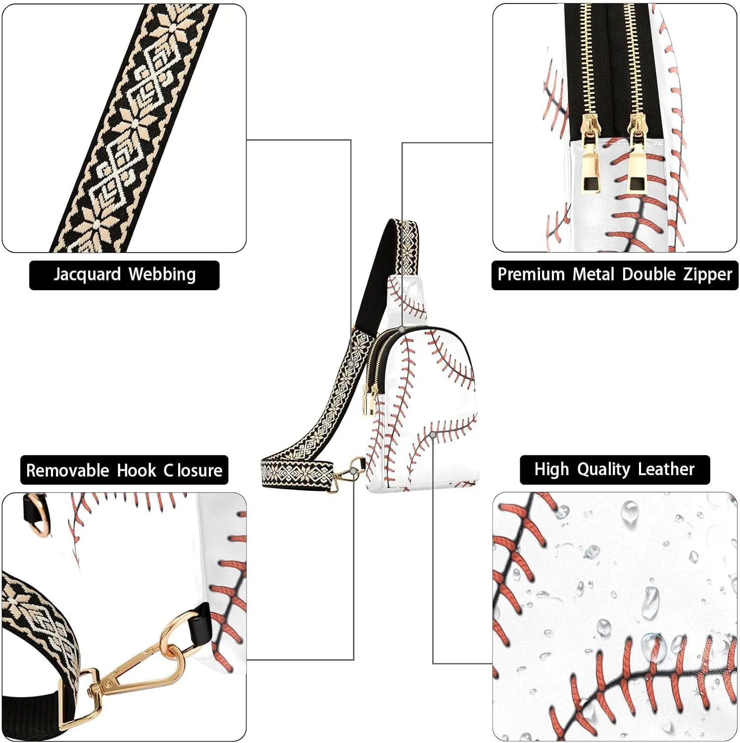 ZAZYXTJ Ball Lace Baseball Crossbody Sling Bag for Women Leather Small Chest Bag Adjustable Straps Daypack for Travel Sport Hiking