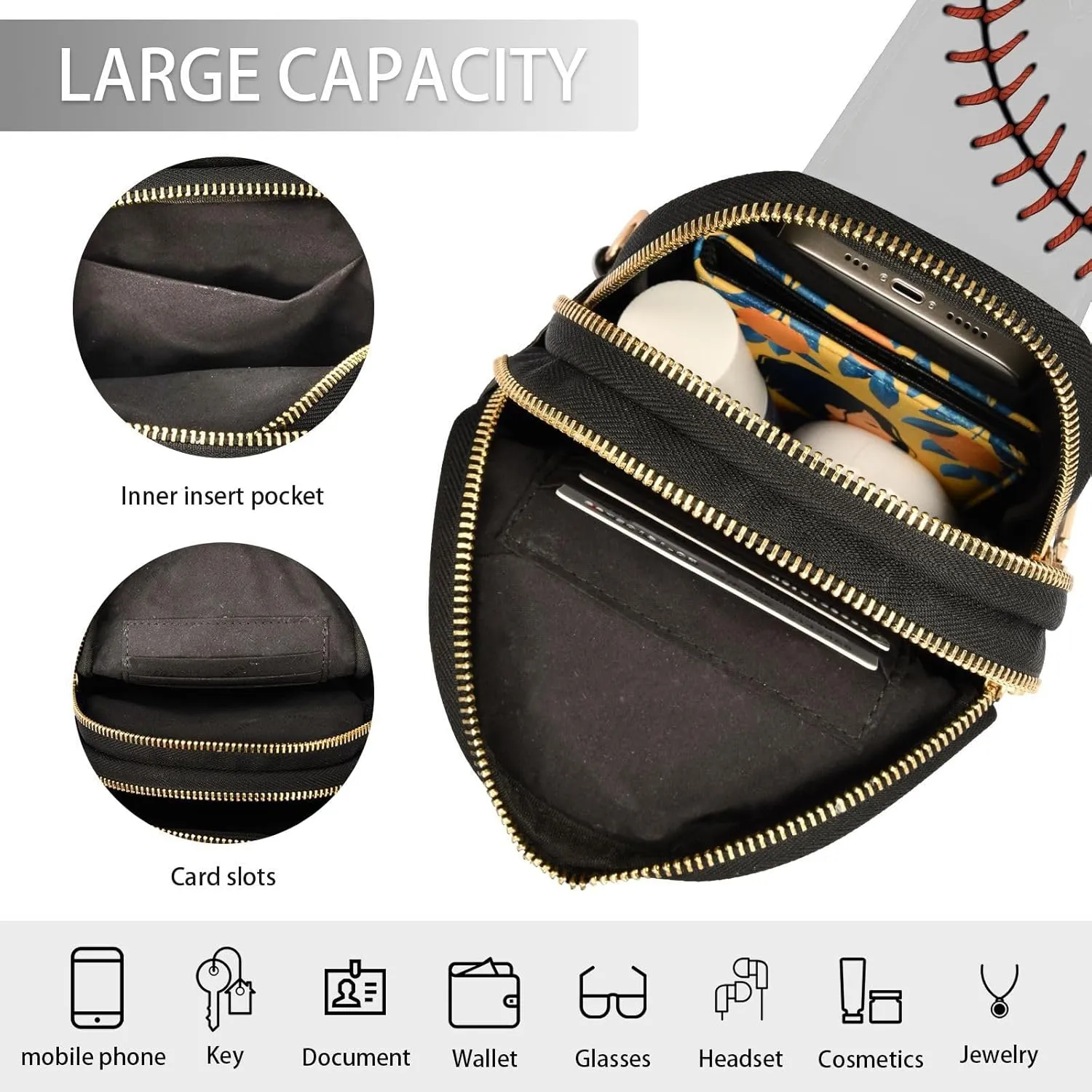 ZAZYXTJ Ball Lace Baseball Crossbody Sling Bag for Women Leather Small Chest Bag Adjustable Straps Daypack for Travel Sport Hiking