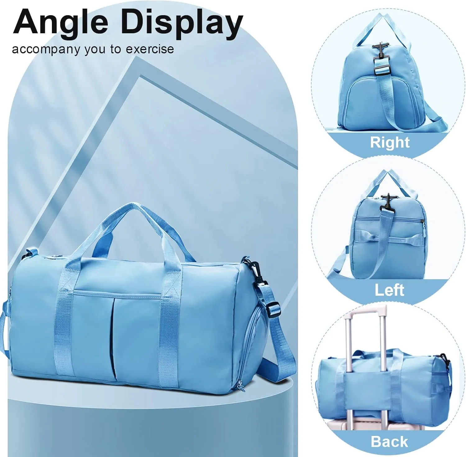 ZGWJ Sports Gym Bag with Wet Pocket & Shoes Compartment, Waterproof Shoulder Weekender Bag for Women and Men Swim Sports Travel Gym Bag Lightweight and easy Carry on Light Blue