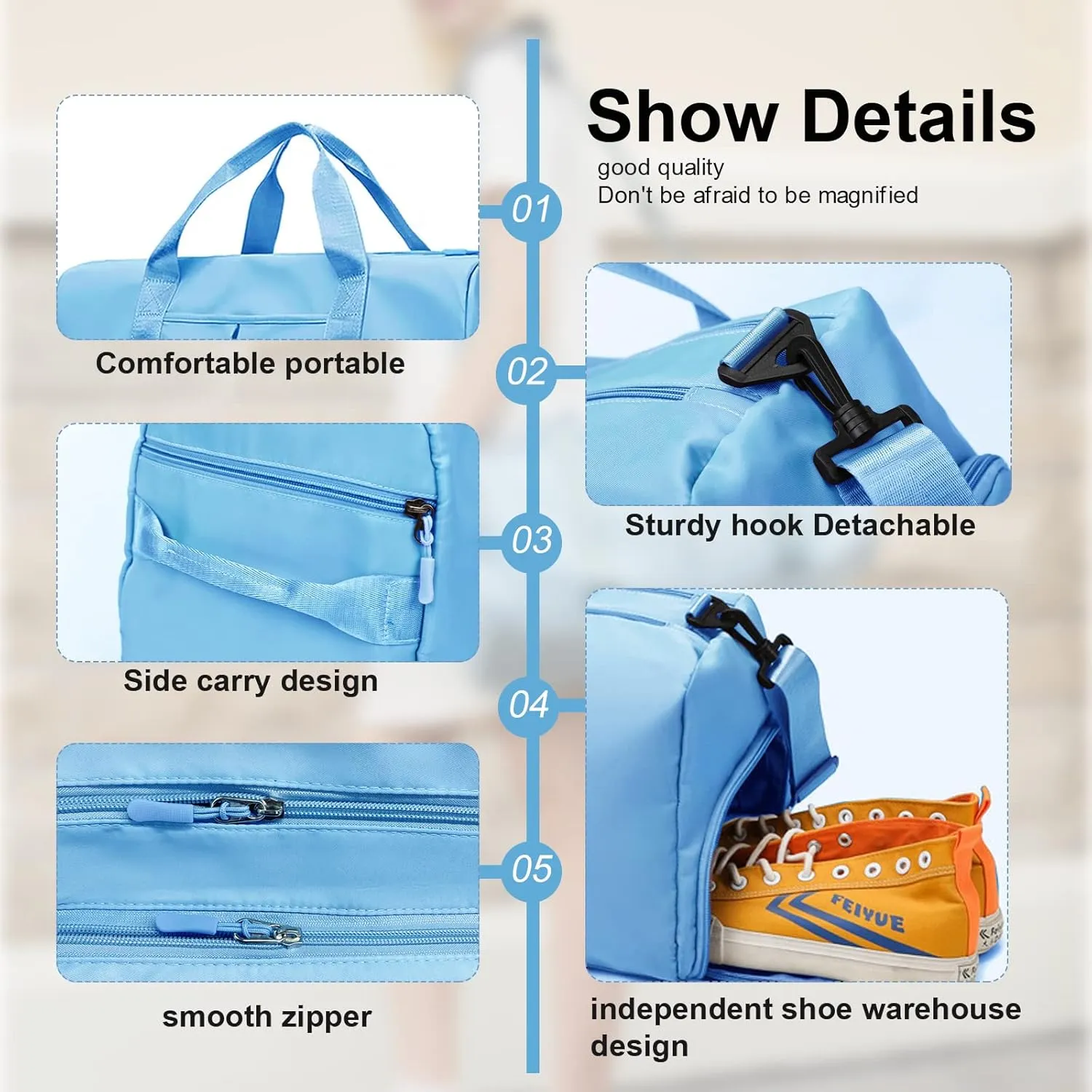 ZGWJ Sports Gym Bag with Wet Pocket & Shoes Compartment, Waterproof Shoulder Weekender Bag for Women and Men Swim Sports Travel Gym Bag Lightweight and easy Carry on Light Blue