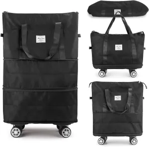 Zoofen Foldable Duffel Bag Expandable Travel Bag with Removable Wheels Weekender Travel Bag Carry On Bag Camping Bag(Black)