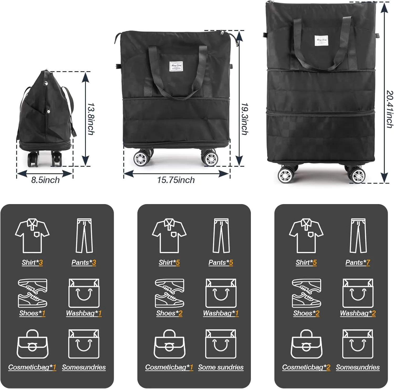 Zoofen Foldable Duffel Bag Expandable Travel Bag with Removable Wheels Weekender Travel Bag Carry On Bag Camping Bag(Black)