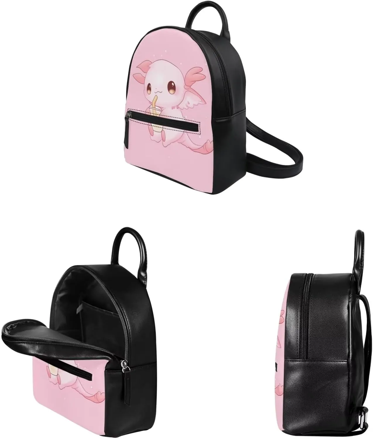 ZOUTAIRONG Axolotl Mini Backpack Purse for Women Tees Girls Small Backpacks Leather Rucksack Knapsack Casual Travel Coin Purse Toiletry Pouch Wallet with Milk Tea Designs Pink