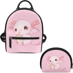 ZOUTAIRONG Axolotl Mini Backpack Purse for Women Tees Girls Small Backpacks Leather Rucksack Knapsack Casual Travel Coin Purse Toiletry Pouch Wallet with Milk Tea Designs Pink