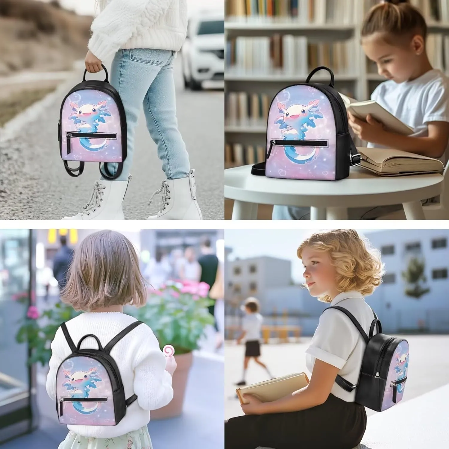 ZOUTAIRONG Blue Axolotl Mini Backpack Purse for Women Shoulder Bag Girls Purse and Wallet Set Trendy Small Backpacks Women Travel Storage Bag Daypack Pouch