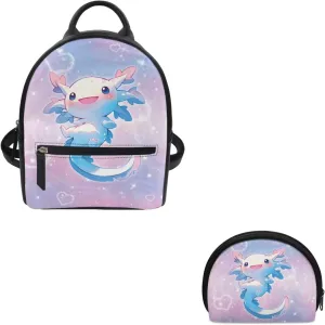 ZOUTAIRONG Blue Axolotl Mini Backpack Purse for Women Shoulder Bag Girls Purse and Wallet Set Trendy Small Backpacks Women Travel Storage Bag Daypack Pouch
